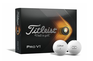 Titleist Pro V1 Dozen Box with two golf balls, one with alignment aid logo