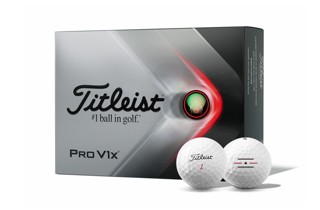 Titleist Pro V1<span>x</span> Dozen Box with two golf balls, one with alignment aid logo