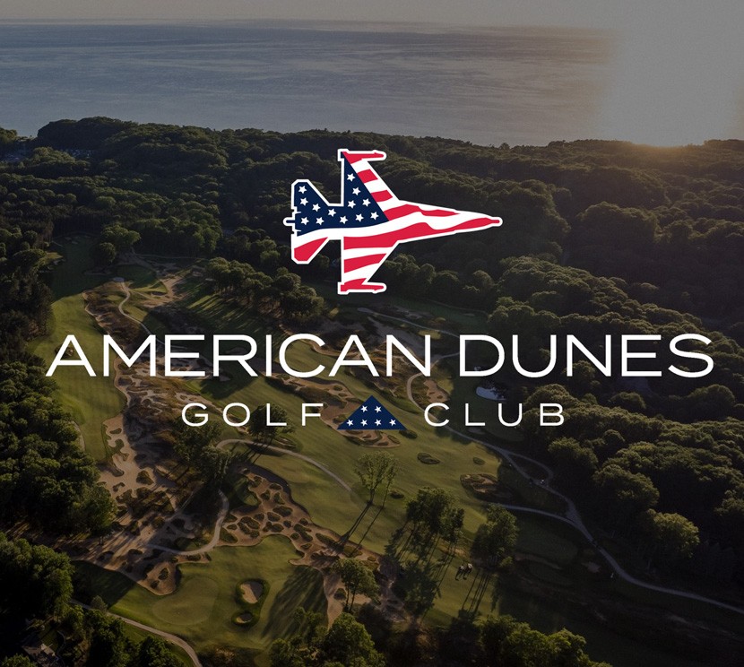 Aerial view of American Dunes Golf Club with logo.