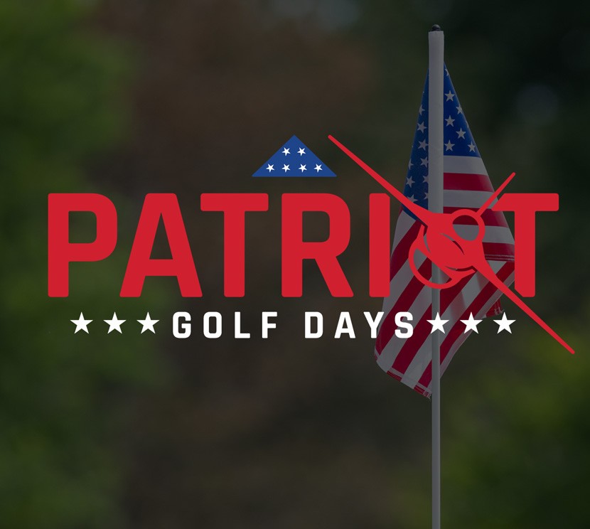 Patriot Golf Days logo on golf course scenic image with American flag.