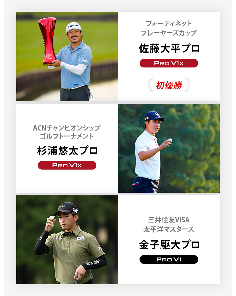 JGTO優勝者5 フォーティネットプレーヤーズカップ	佐藤大平プロ	プロV1x , ACNチャンピオンシップゴルフトーナメント	杉浦悠太プロ	プロV1x , 三井住友VISA太平洋マスターズ	金子駆大プロ	プロV1