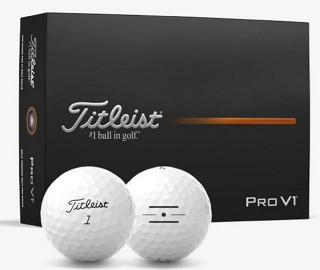 Titleist Pro V1 Dozen Box with two golf balls, one with alignment aid logo